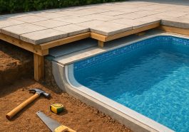 Close-up view of a partially constructed patio area adjacent to a pool, with tools like a hammer and measuring tape visi