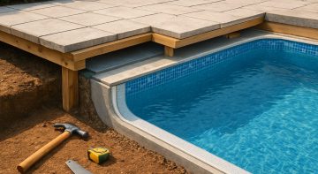 Close-up view of a partially constructed patio area adjacent to a pool, with tools like a hammer and measuring tape visi